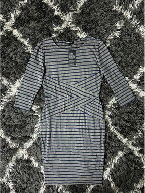 NWT Rephyllis Striped Dress Womens L Blue Gray Criss Cross 3/4 Sleeve Midi